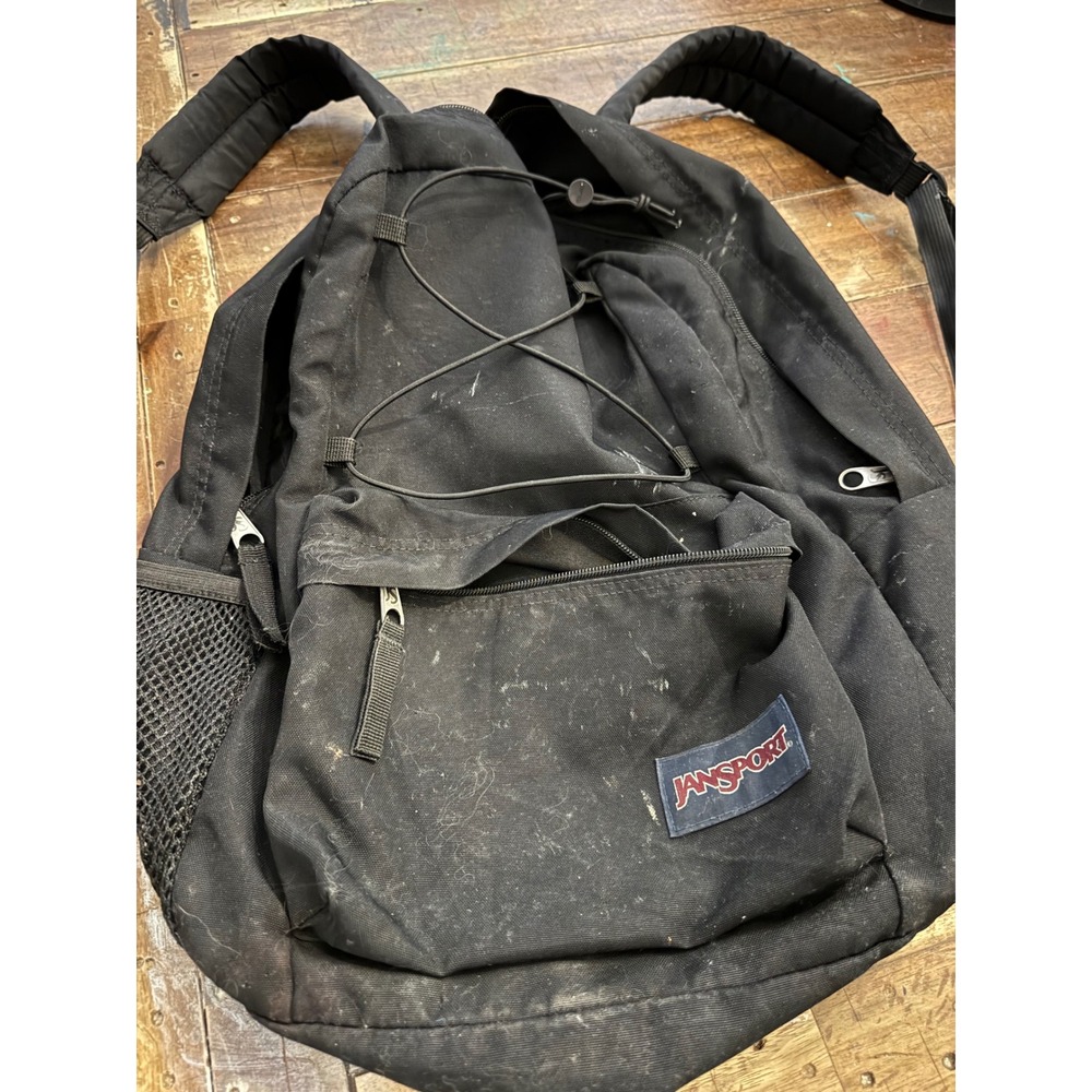 JanSport Black Canvas Backpack Bungee Cord Utility School Bag